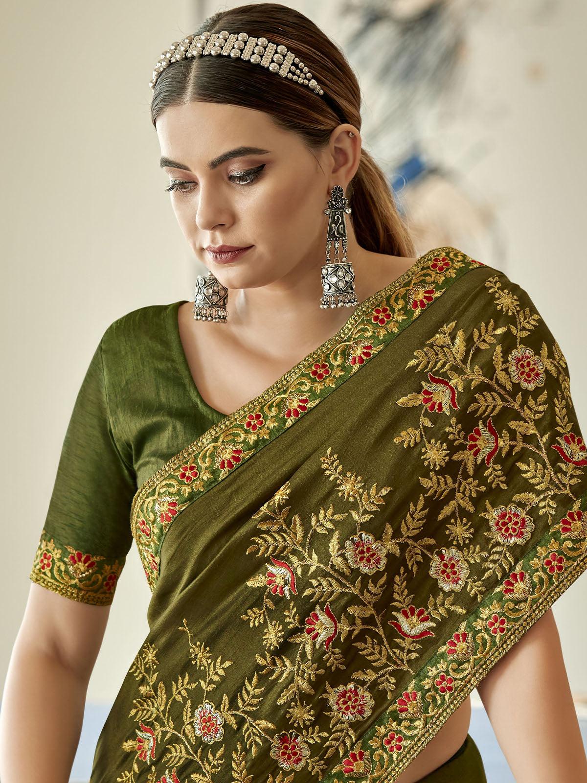 Women's Mahendi Designer Thread Embroidered Saree - Odette