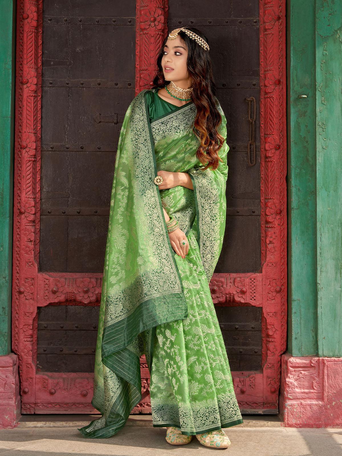 Women's Mahendi Silk Organza Heavy Designer Saree - Odette