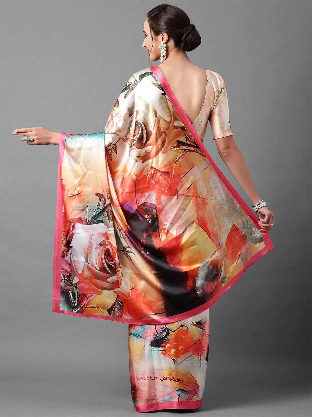 Women's Malti Festive Satin Silk Printed Saree With Unstitched Blouse - Odette