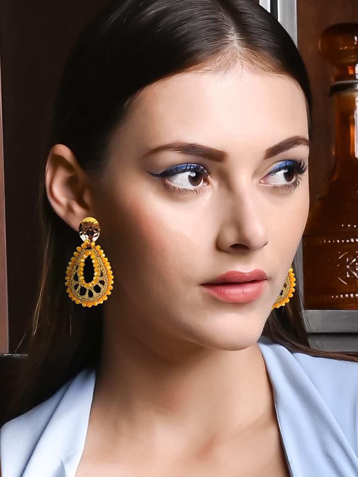 Women's Mango Yellow Beaded Teardrop Earrings - Odette