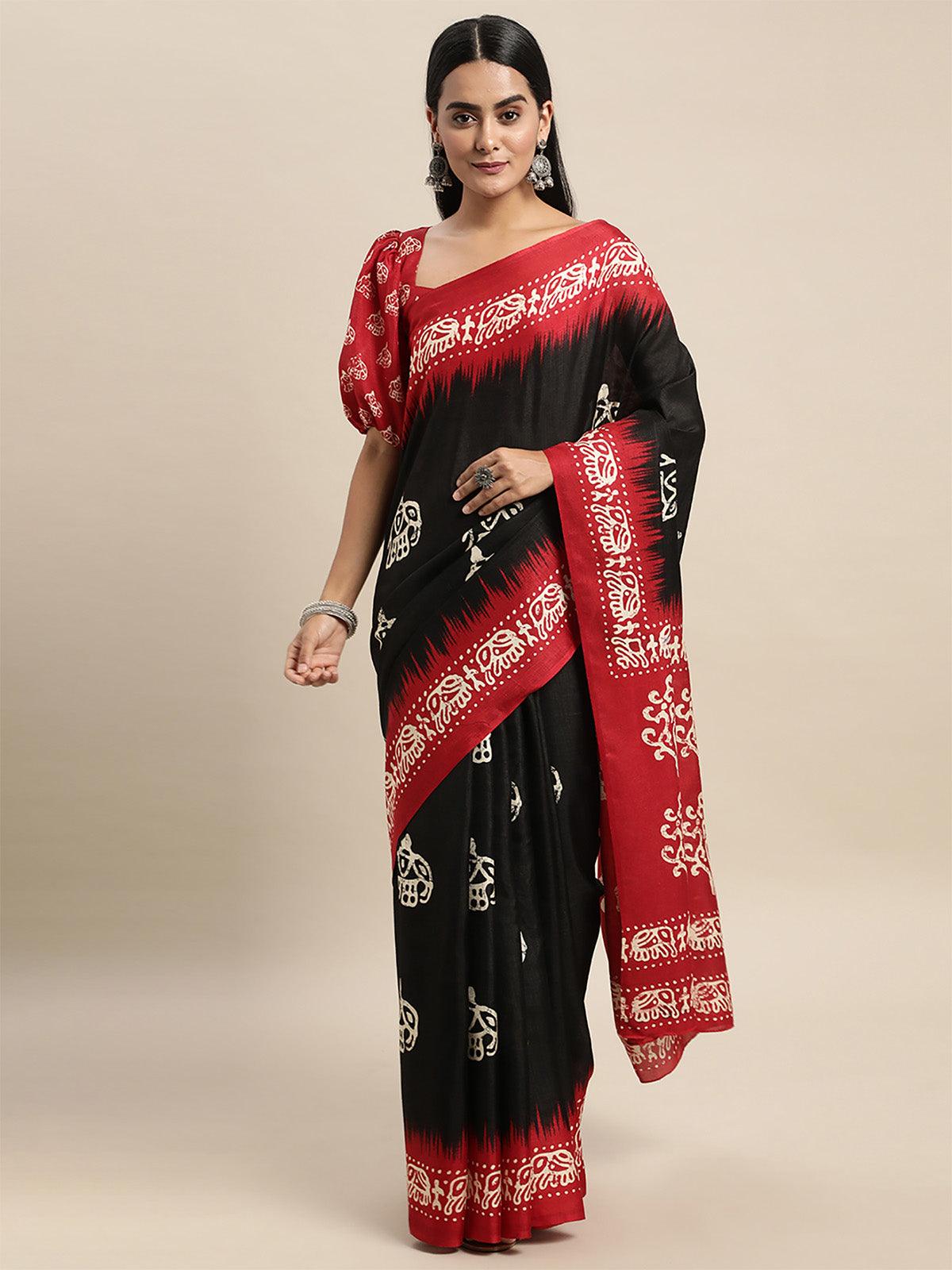 Women's Manipuri Silk Black Printed Saree With Blouse Piece - Odette