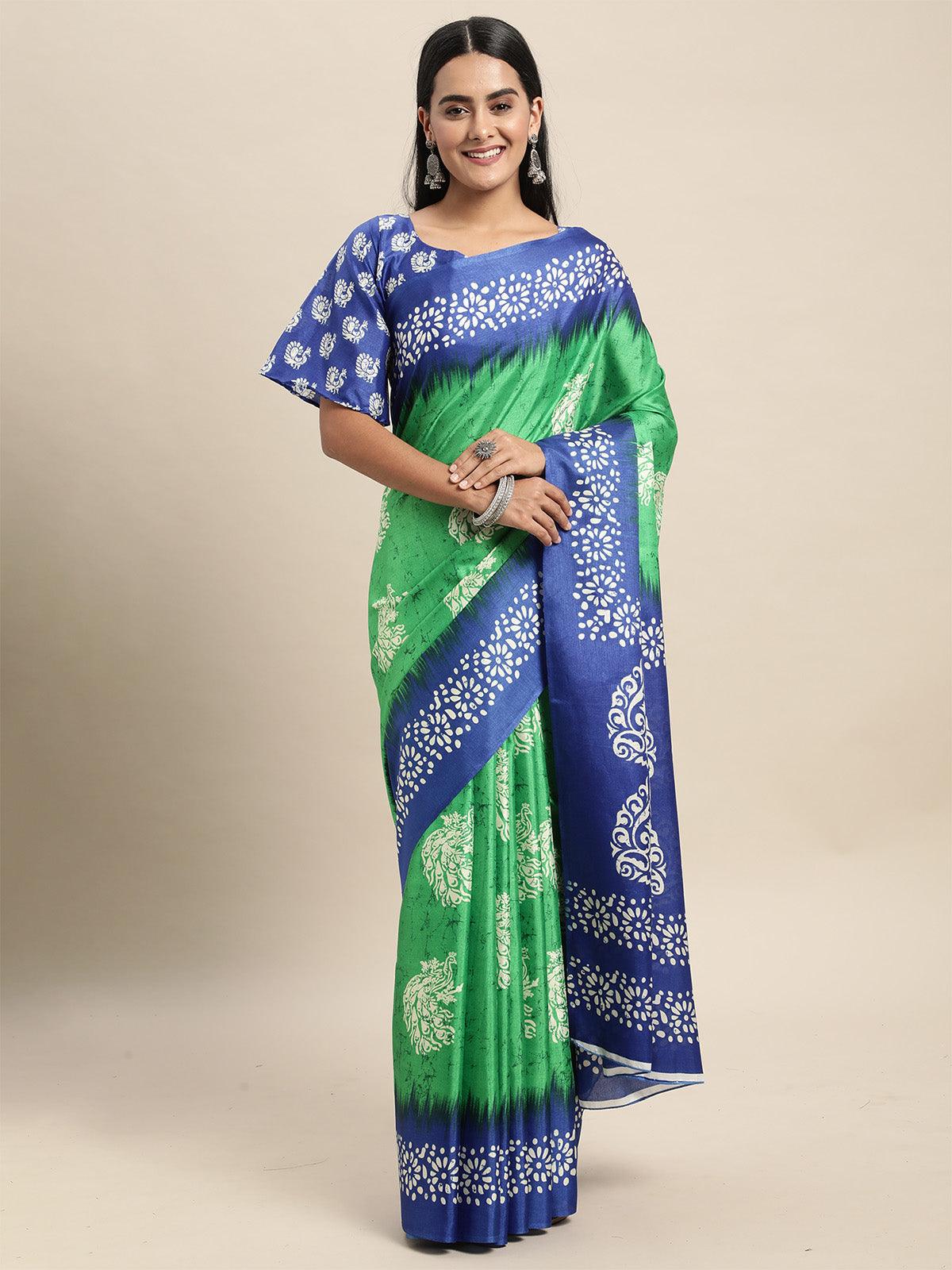 Women's Manipuri Silk Green Printed Saree With Blouse Piece - Odette