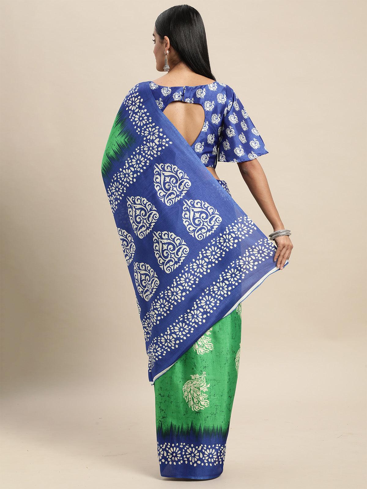 Women's Manipuri Silk Green Printed Saree With Blouse Piece - Odette