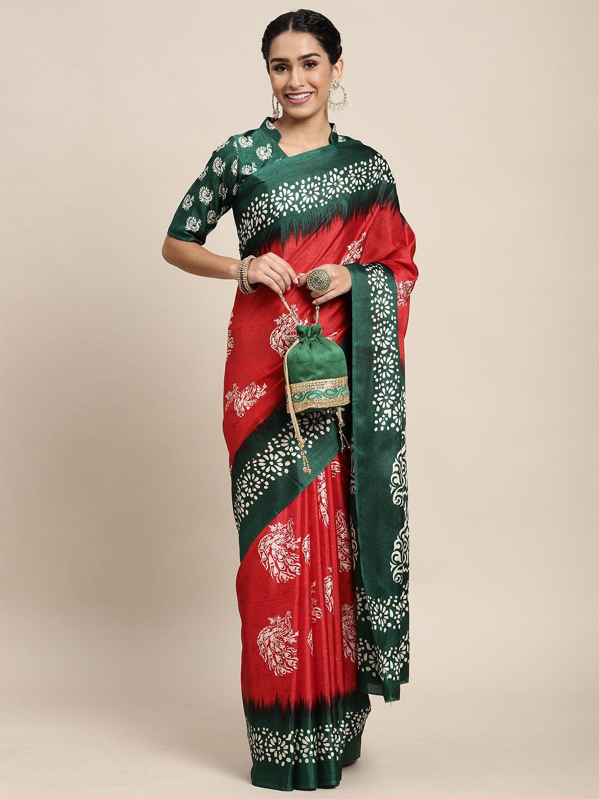 Women's Manipuri Silk Red Printed Saree With Blouse Piece - Odette