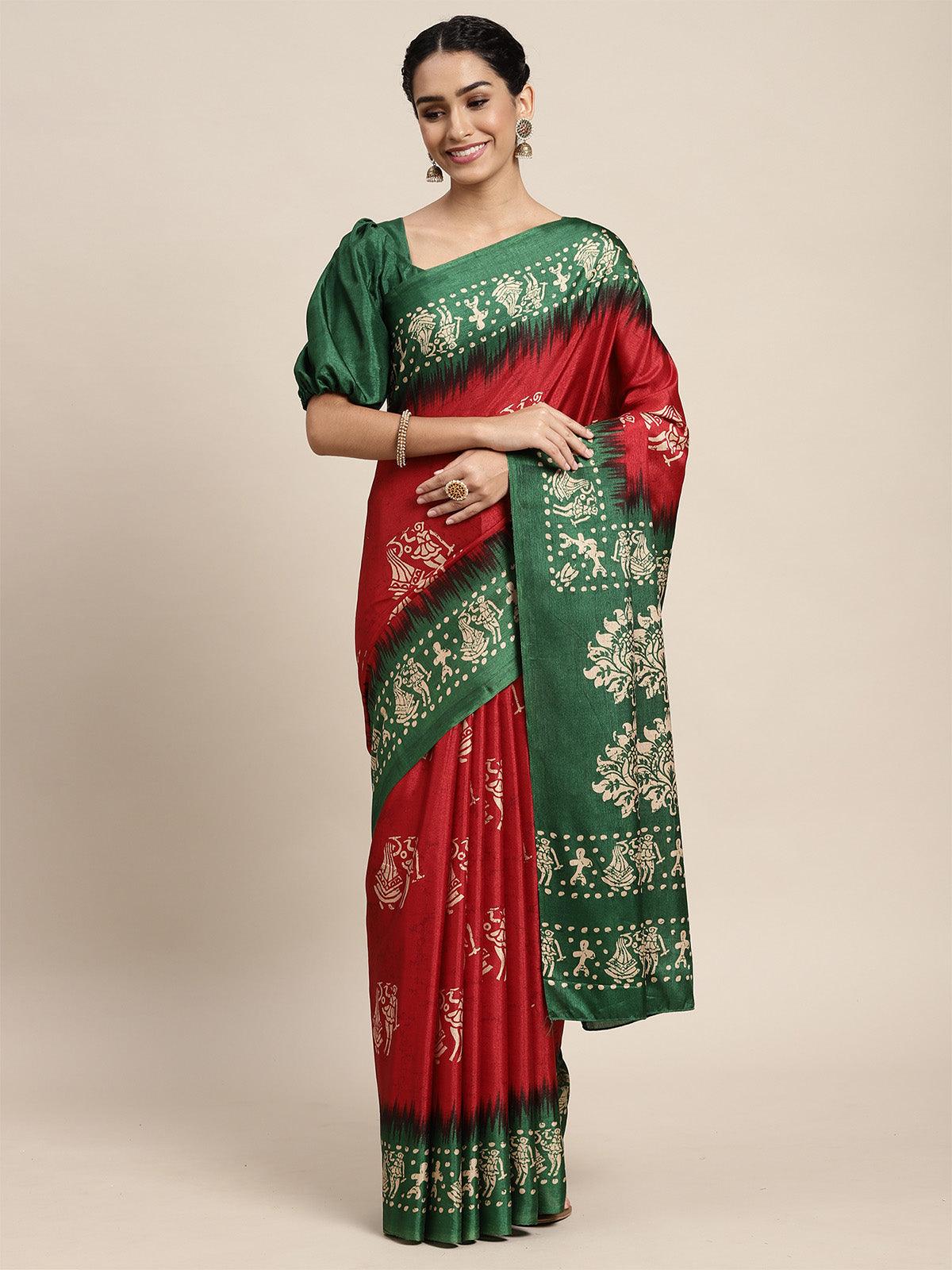 Women's Manipuri Silk Red Printed Saree With Blouse Piece - Odette