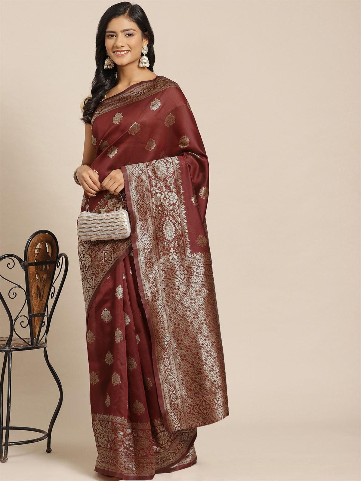 Women's Maroon Elegant Silk Blend Woven Saree - Odette
