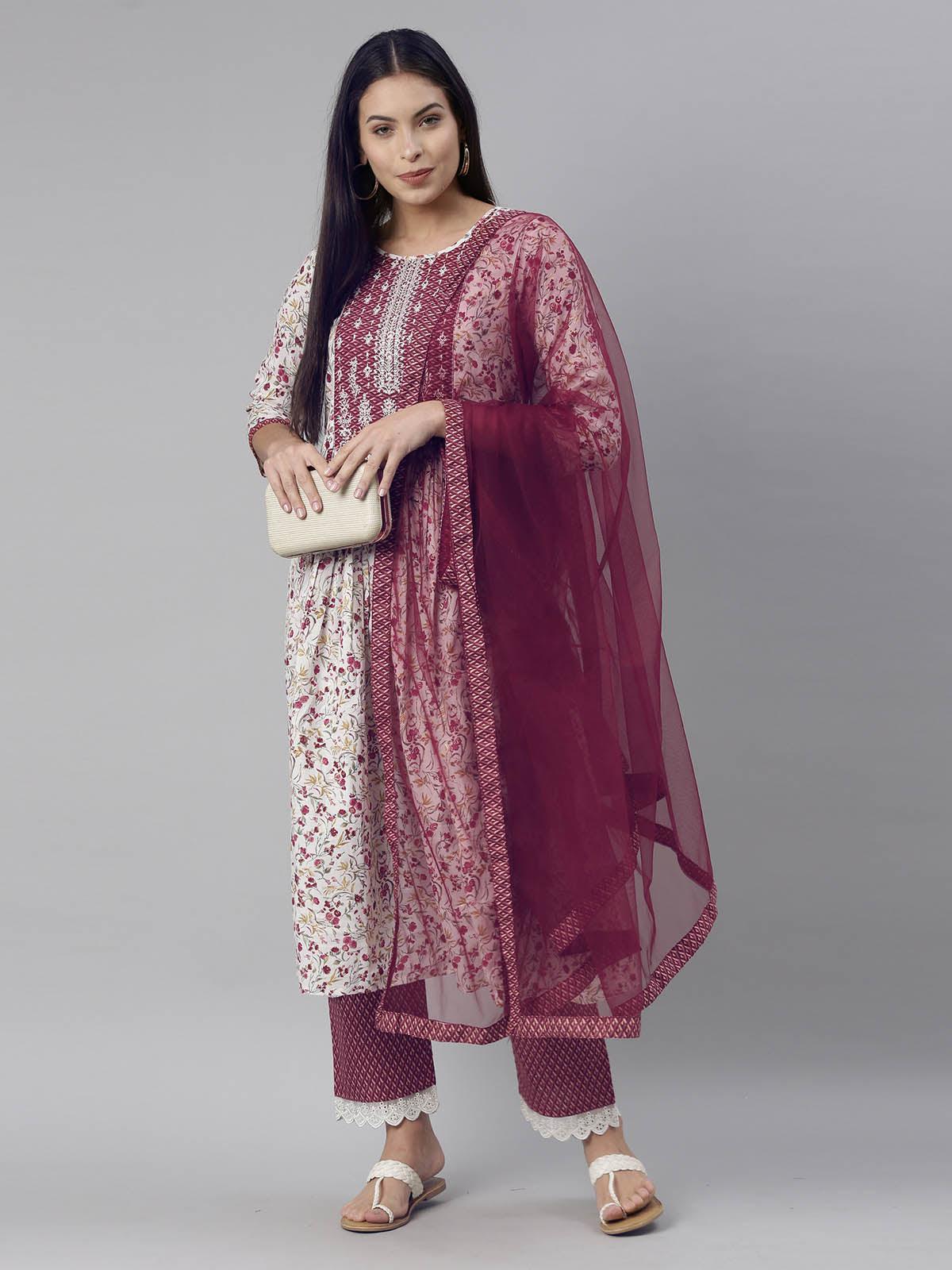 Women's Maroon Exclusive Embroidered Ready To Wear Kurta Set - Odette