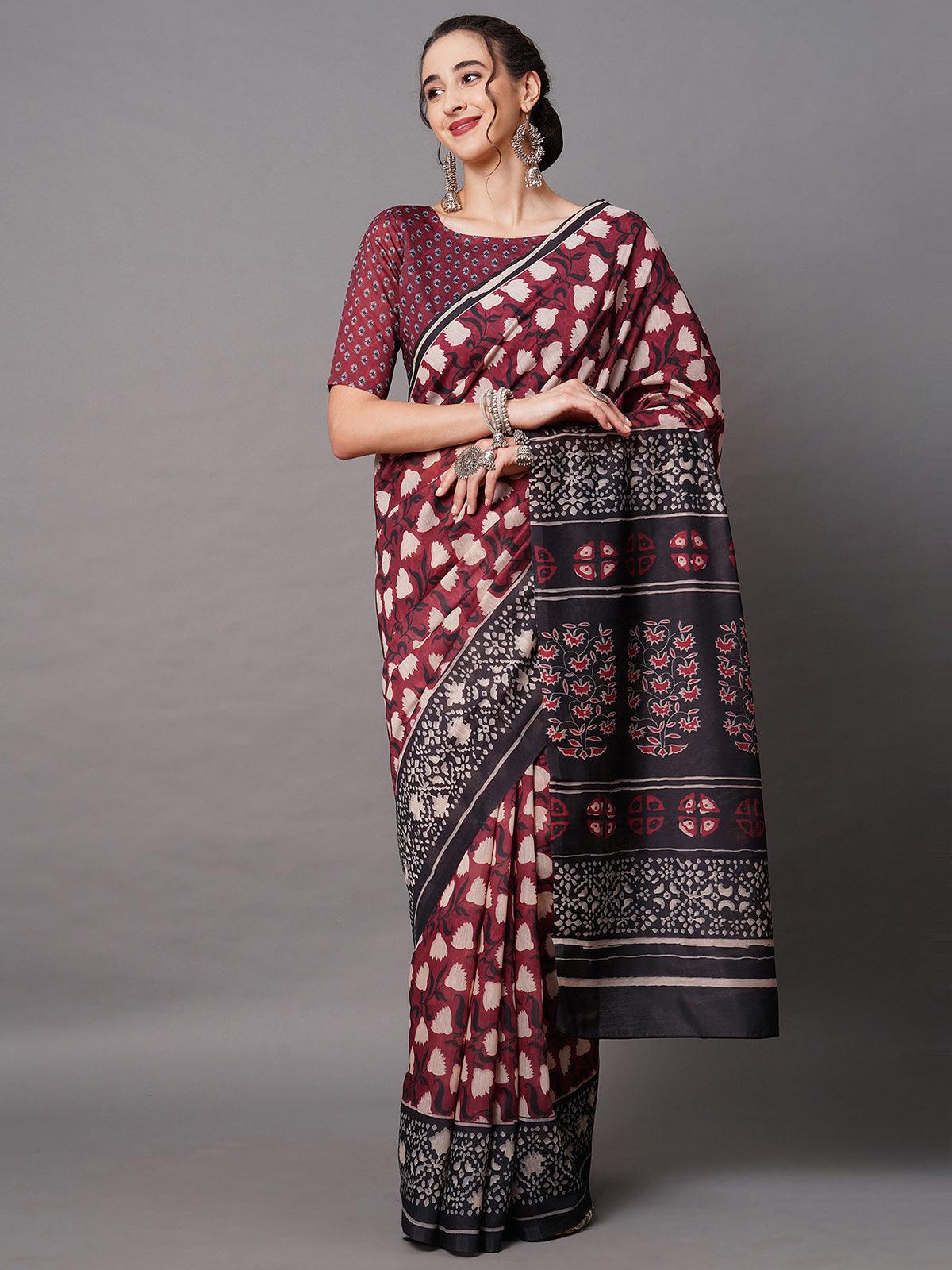 Women's Maroon Festive Bhagalpuri Silk Printed Saree With Unstitched Blouse - Odette