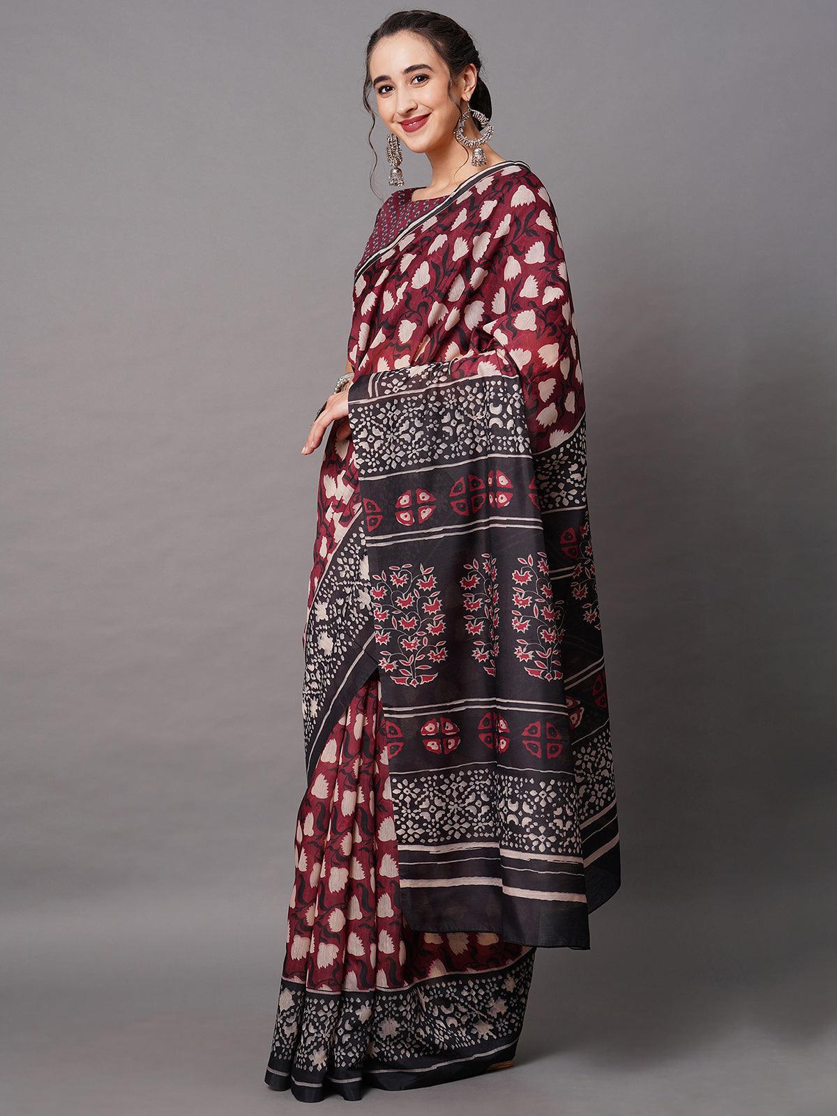 Women's Maroon Festive Bhagalpuri Silk Printed Saree With Unstitched Blouse - Odette