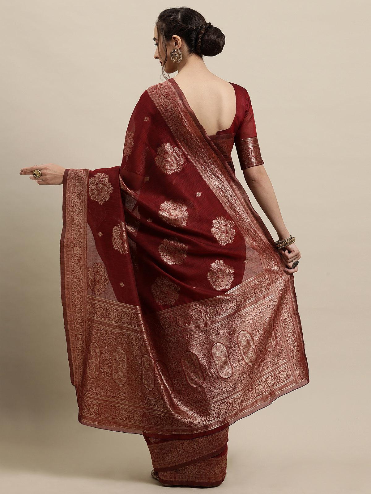Women's Maroon Festive Linen Woven Design Saree With Unstitched Blouse - Odette