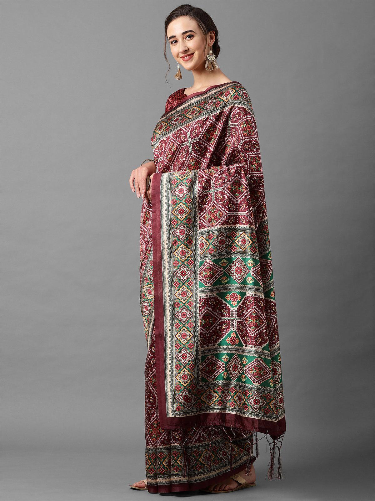Women's Maroon Festive Patola Silk Patola Saree With Unstitched Blouse - Odette