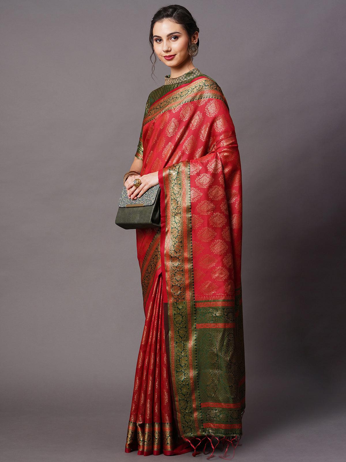 Women's Maroon Festive Silk Blend Woven Design Saree With Unstitched Blouse - Odette