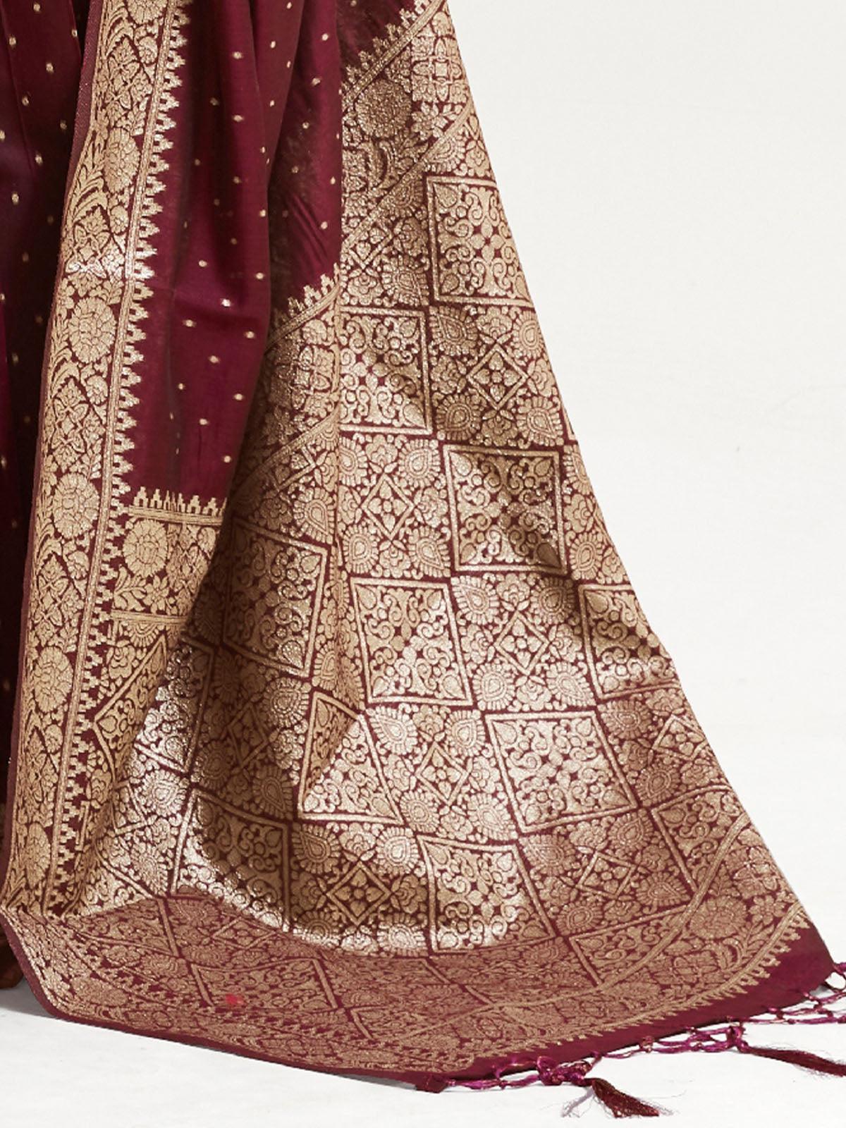 Women's Maroon Festive Silk Blend Woven Design Saree With Unstitched Blouse - Odette