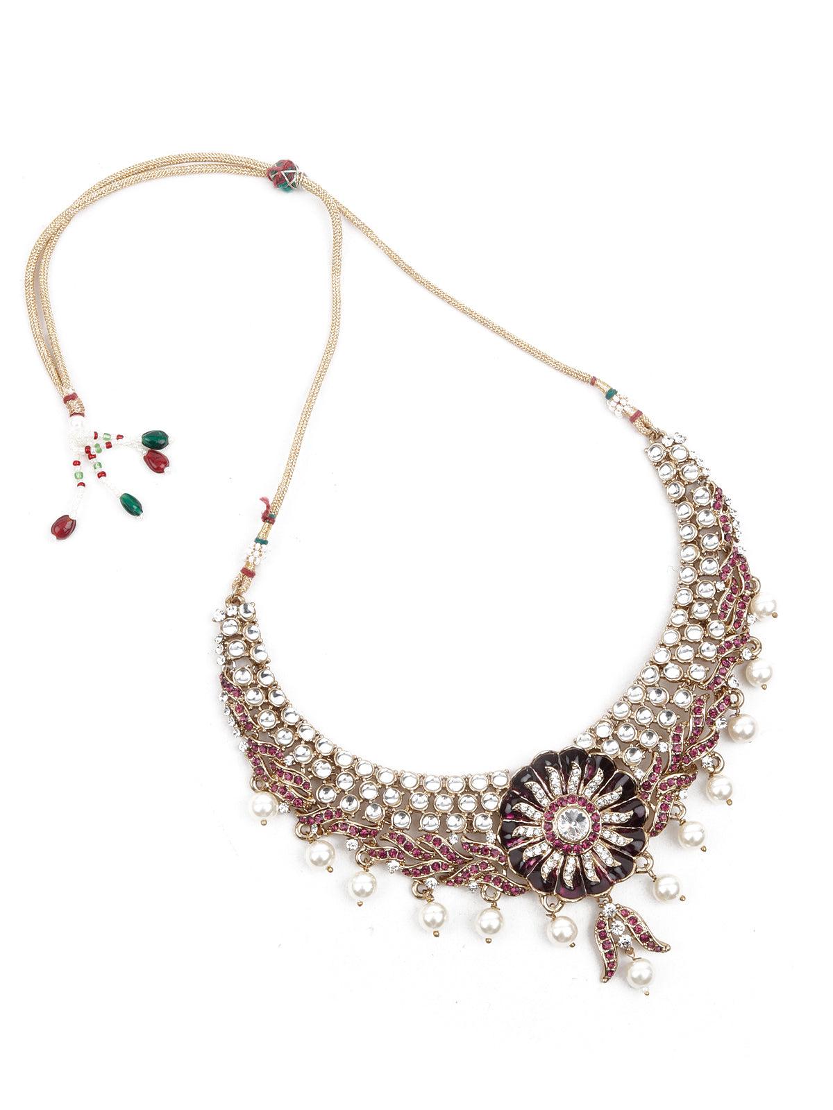 Women's Maroon Necklace Set With Maang Tika - Odette