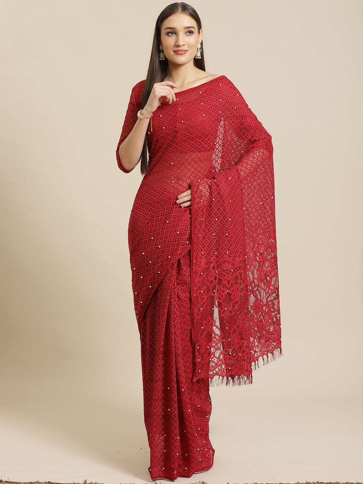Women's Maroon Party Wear Net(Super Net) Solid Saree With Unstitched Blouse - Odette