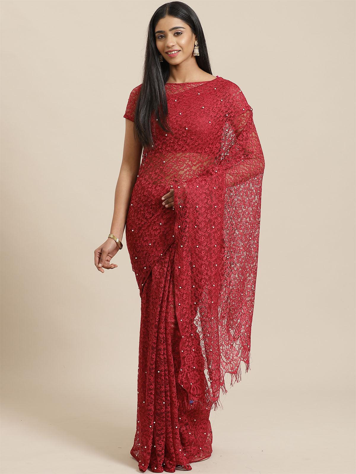 Women's Maroon Party Wear Net(Super Net) Solid Saree With Unstitched Blouse - Odette