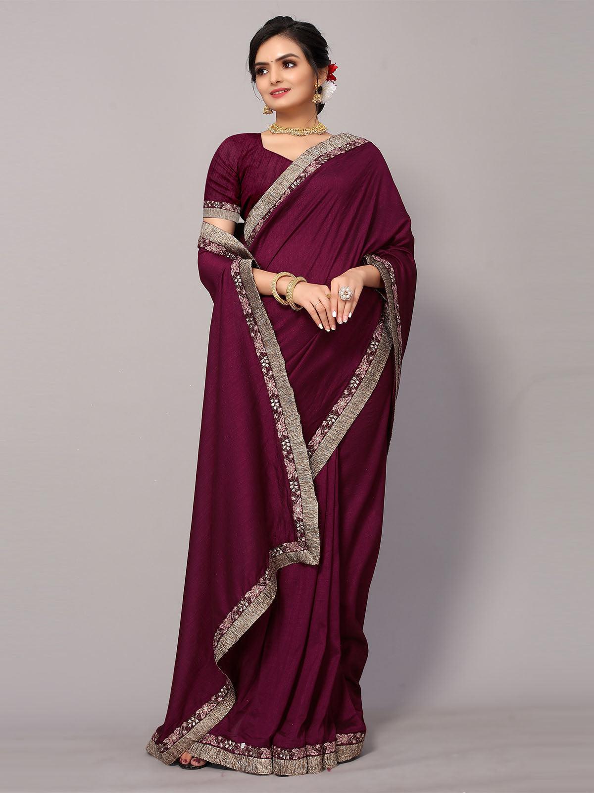 Women's Maroon Poly Silk Embroidery Border Work Saree With Blouse - Odette