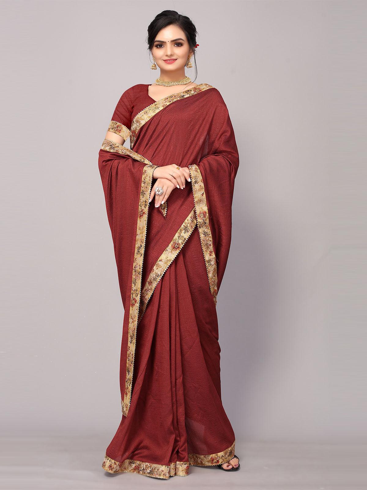 Women's Maroon Poly Silk Printed Border Saree With Matching Blouse. - Odette