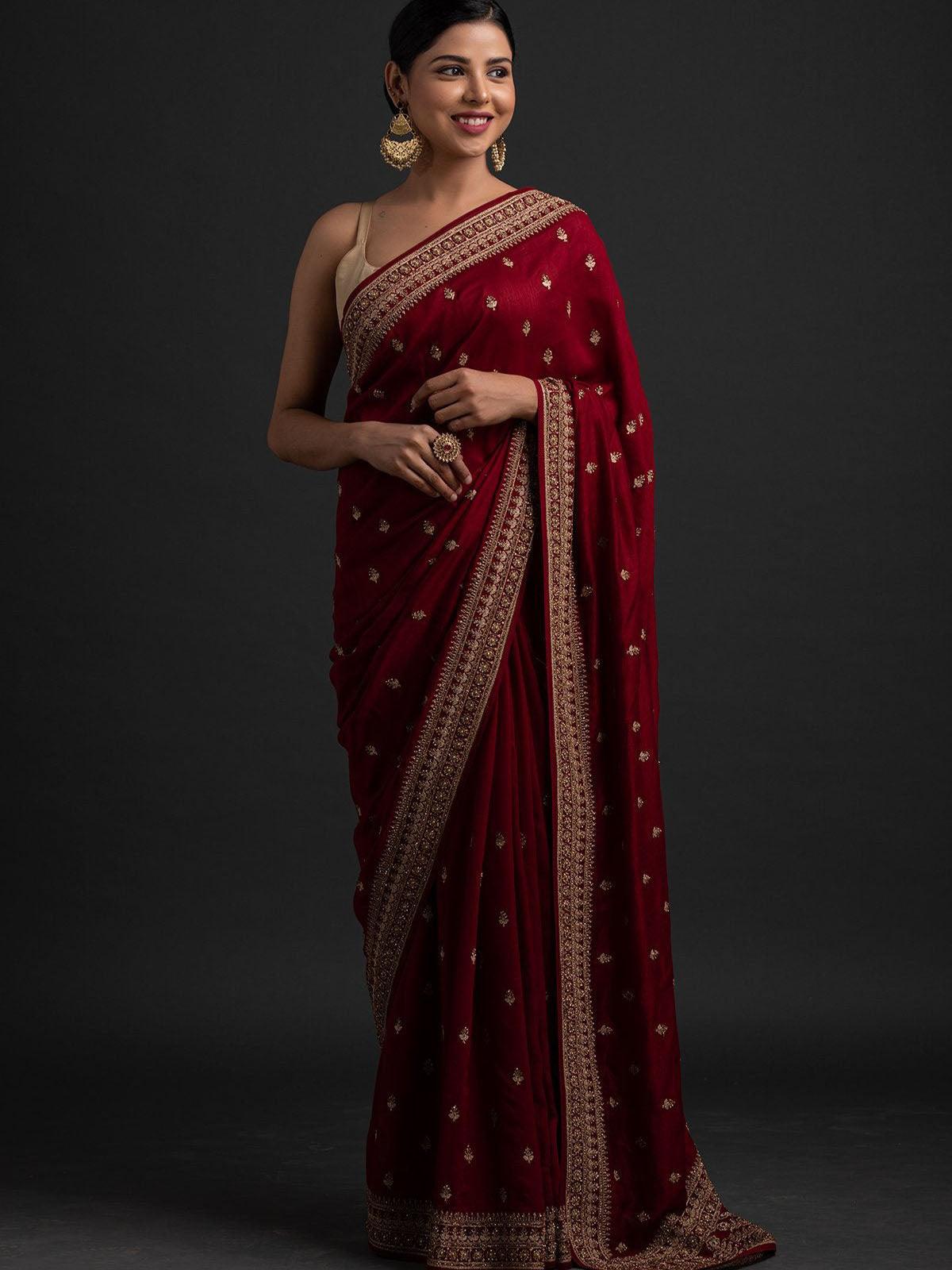 Women's Maroon Beautifully Embroidered Wedding Saree - Odette