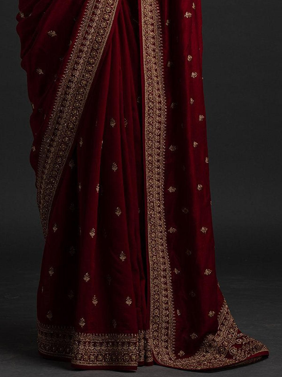 Women's Maroon Beautifully Embroidered Wedding Saree - Odette
