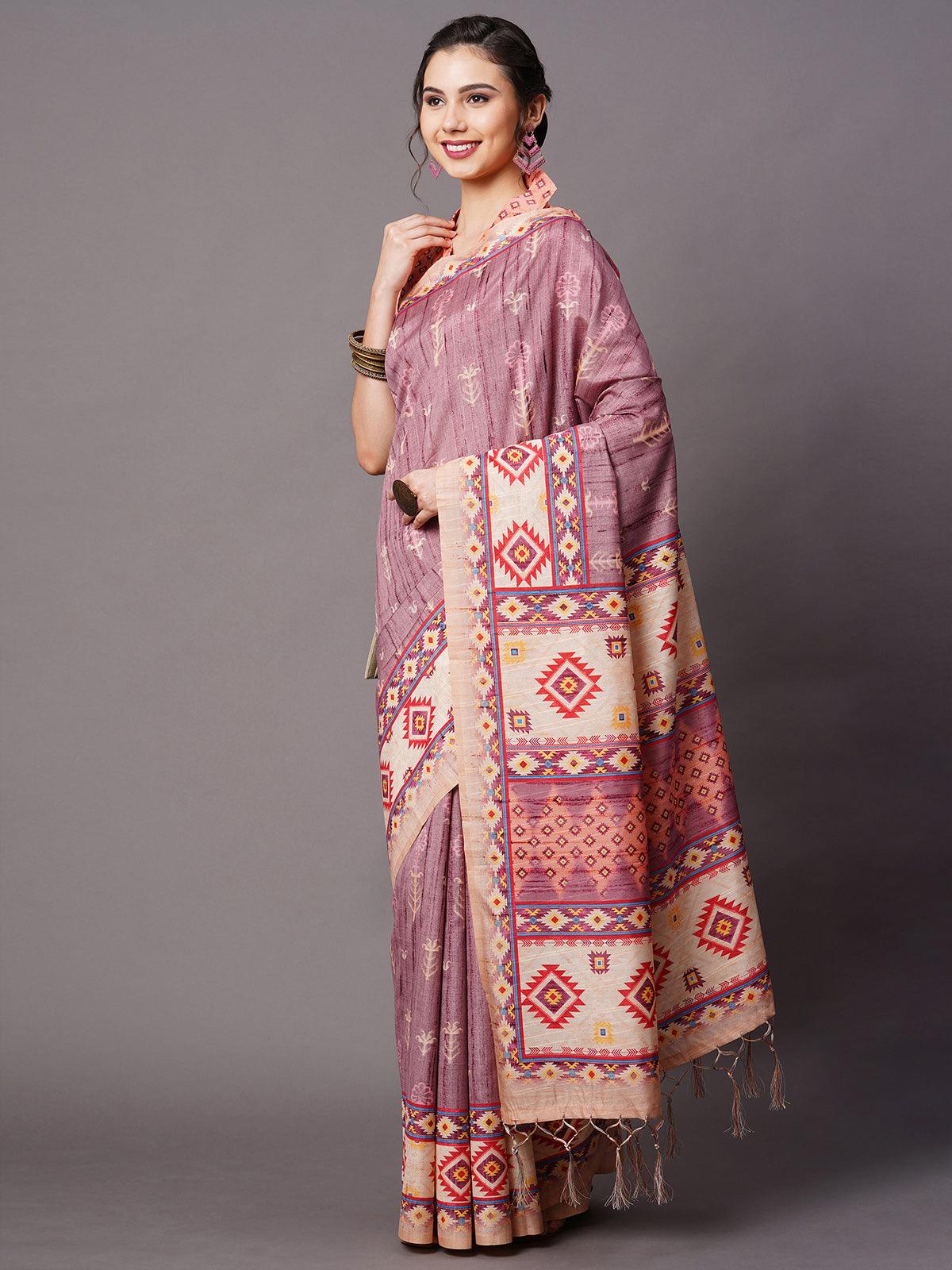 Women's Mauve Festive Bhagalpuri Silk Printed Saree With Unstitched Blouse - Odette