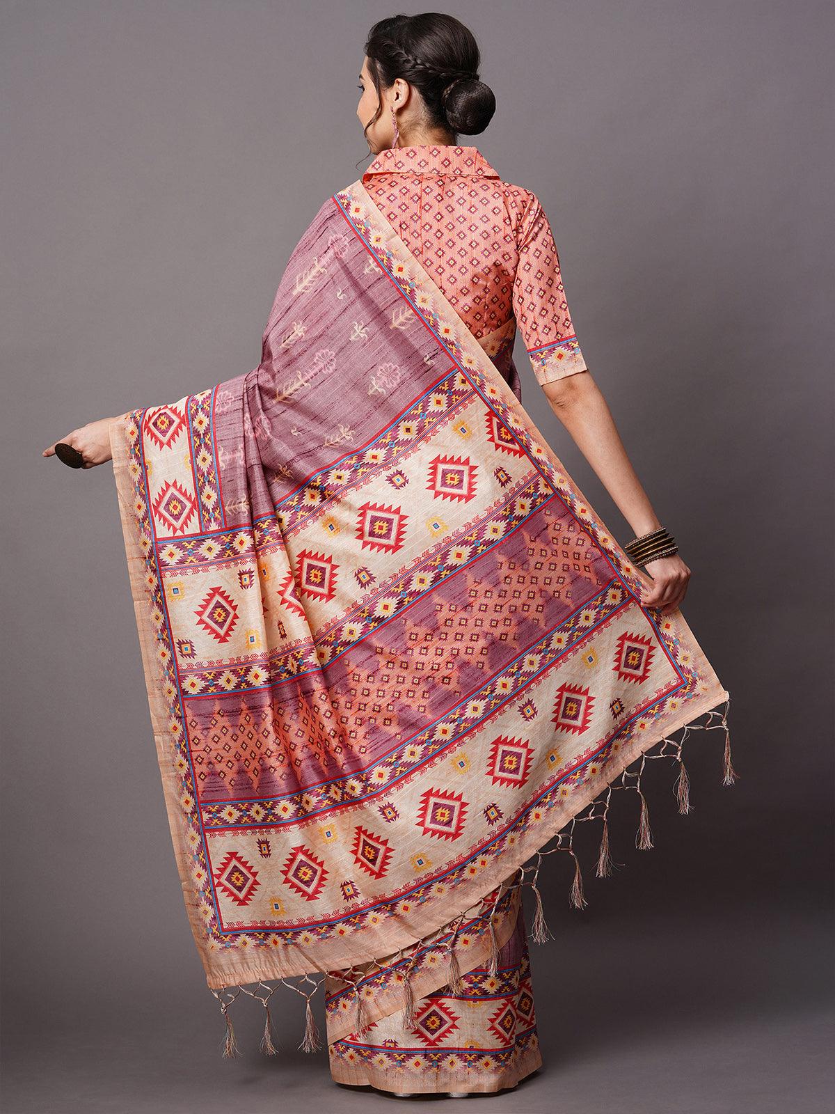 Women's Mauve Festive Bhagalpuri Silk Printed Saree With Unstitched Blouse - Odette