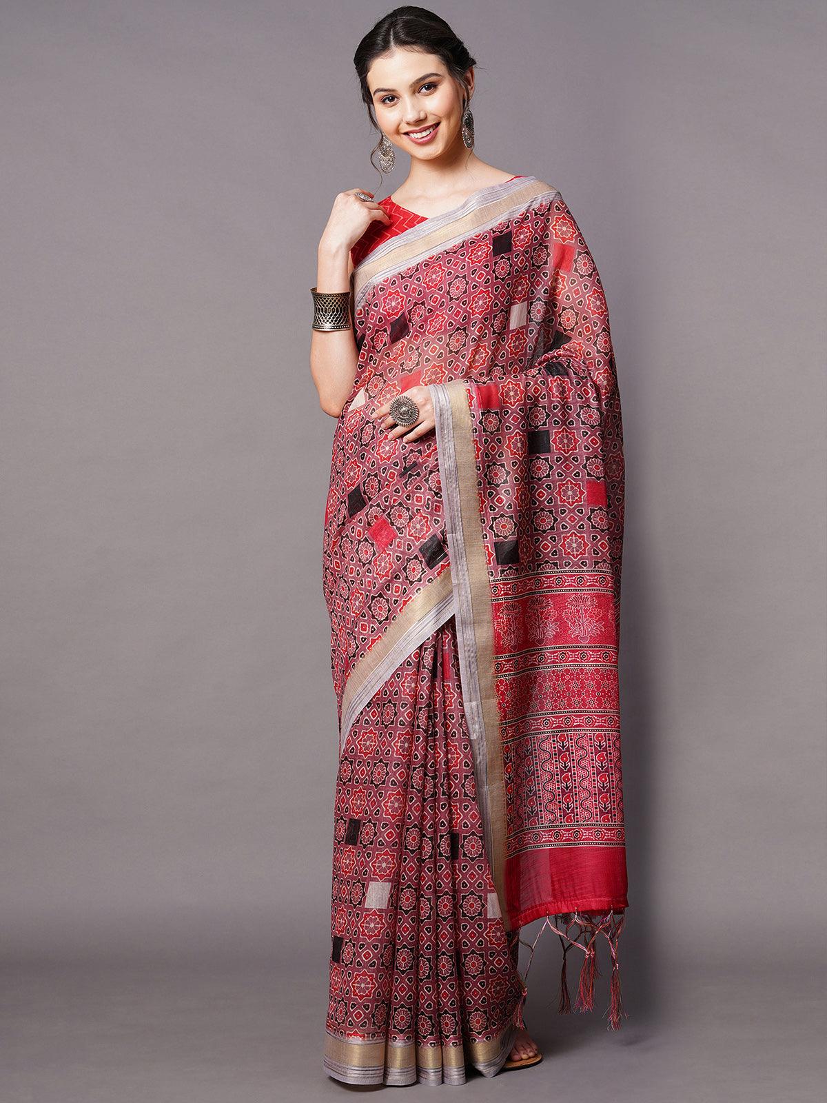 Women's Mauve Festive Linen Blend Printed Saree With Unstitched Blouse - Odette