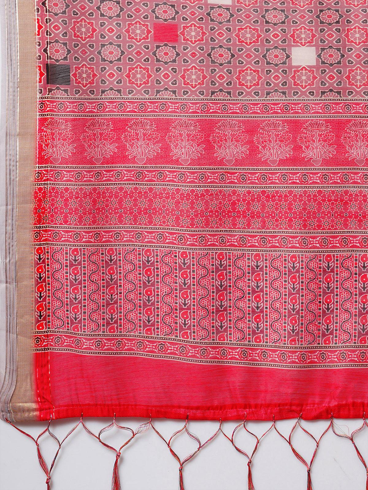 Women's Mauve Festive Linen Blend Printed Saree With Unstitched Blouse - Odette