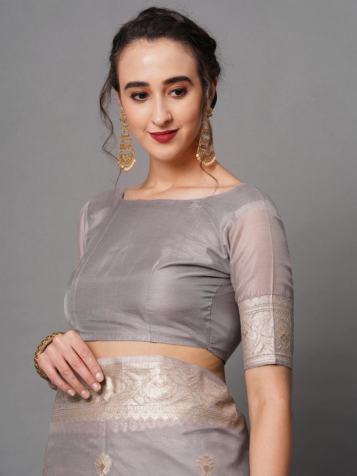Women's Mauve Festive Silk Blend Woven Design Saree With Unstitched Blouse - Odette