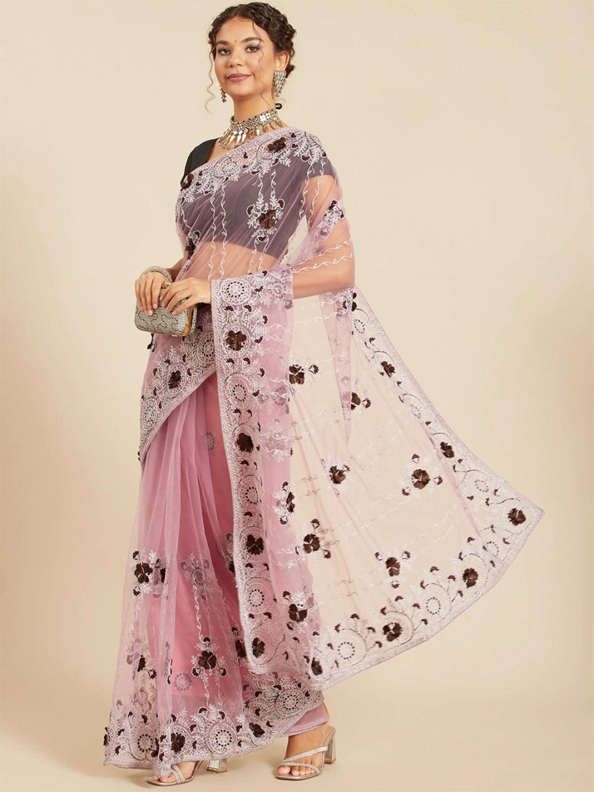 Women's Mauve Net Embroidered Saree With Blouse Piece - Odette
