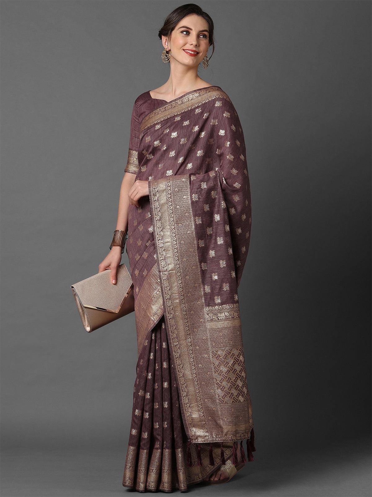 Women's Mauve Wedding Silk Blend Woven Design Saree With Unstitched Blouse - Odette