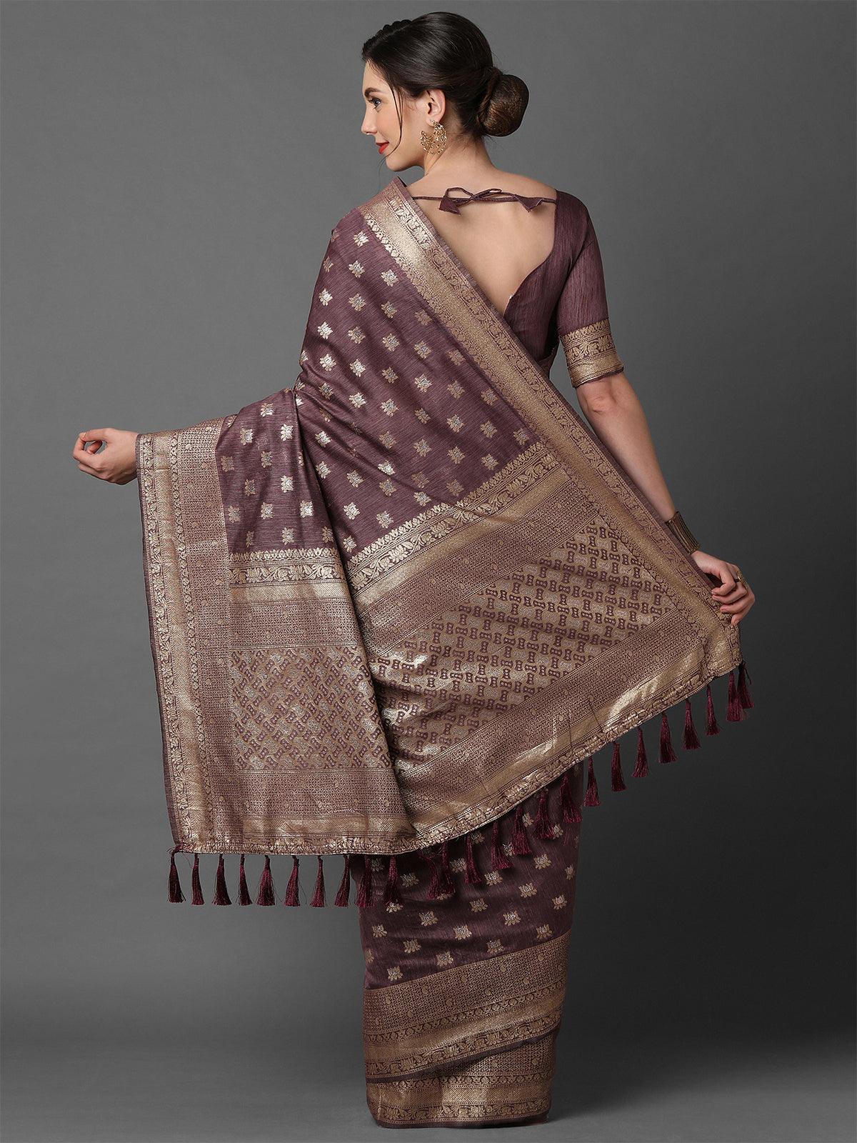 Women's Mauve Wedding Silk Blend Woven Design Saree With Unstitched Blouse - Odette