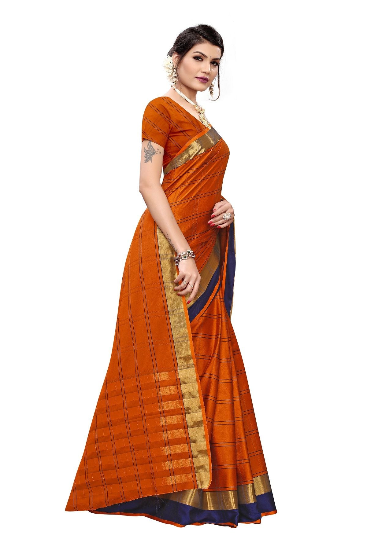 Women's Vamika Orange Cotton Silk Weaving Saree - Vamika