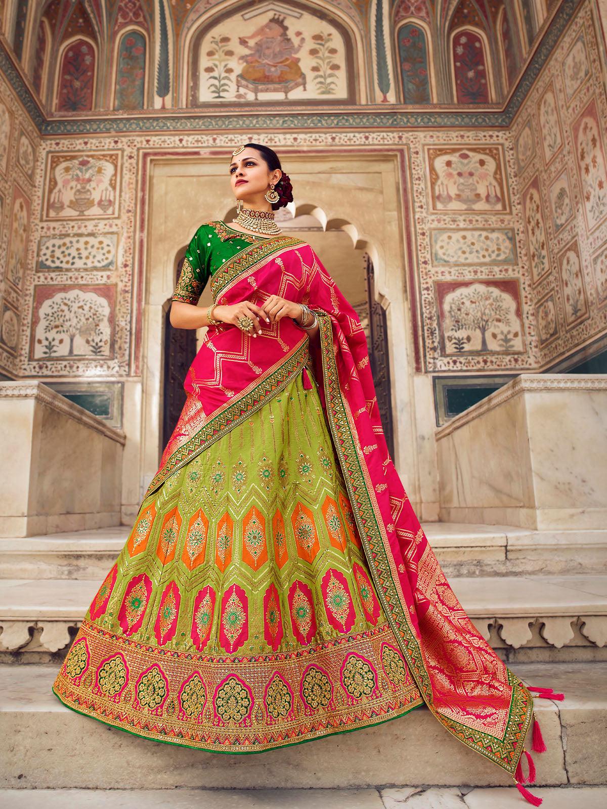 Women's Mehndi Banarasi Silk Heavy Embroidery Designer Lehenga - Odette
