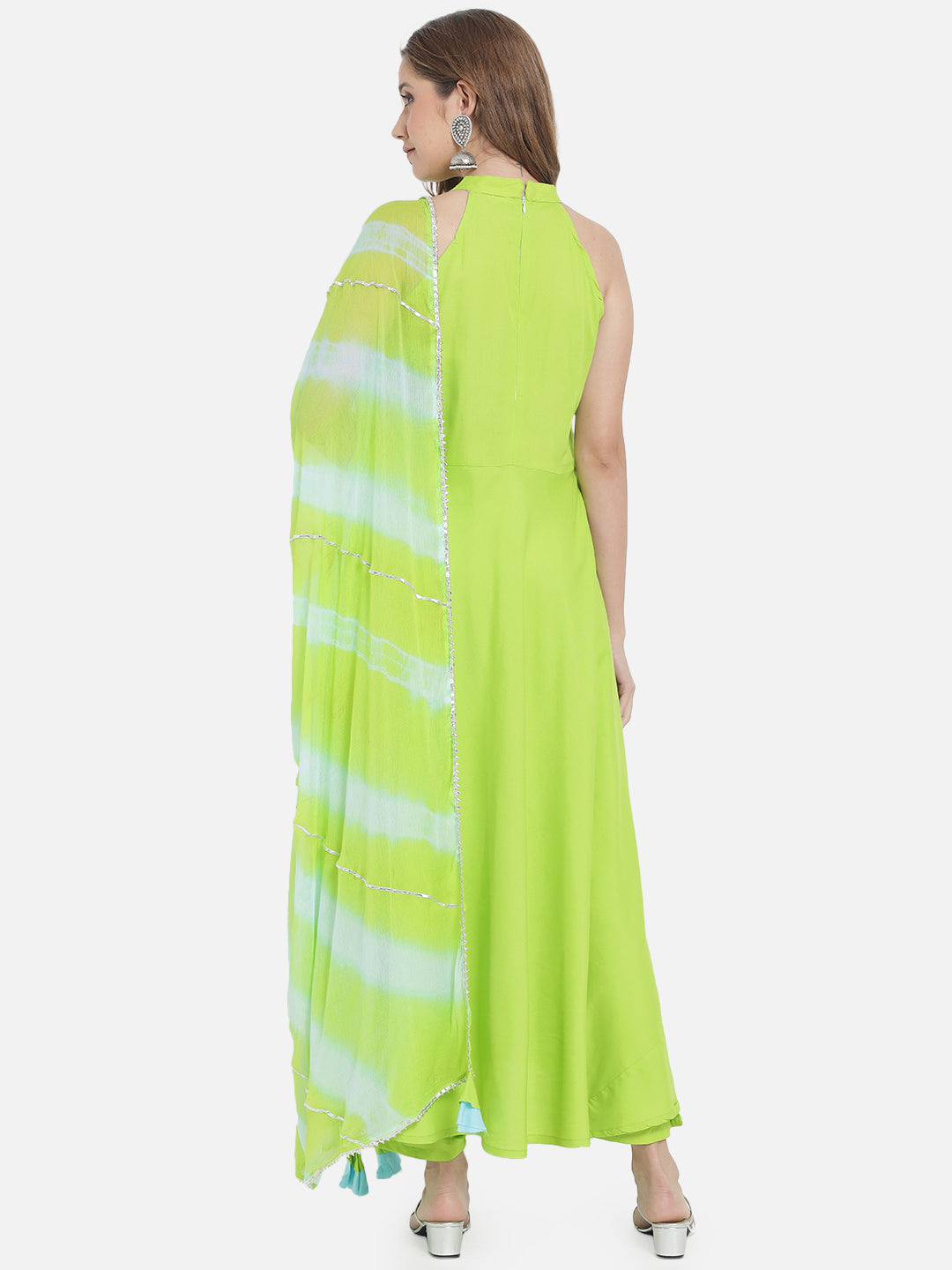 Women's Neon Green Solid Flared Kurta set with Dupatta - Meeranshi