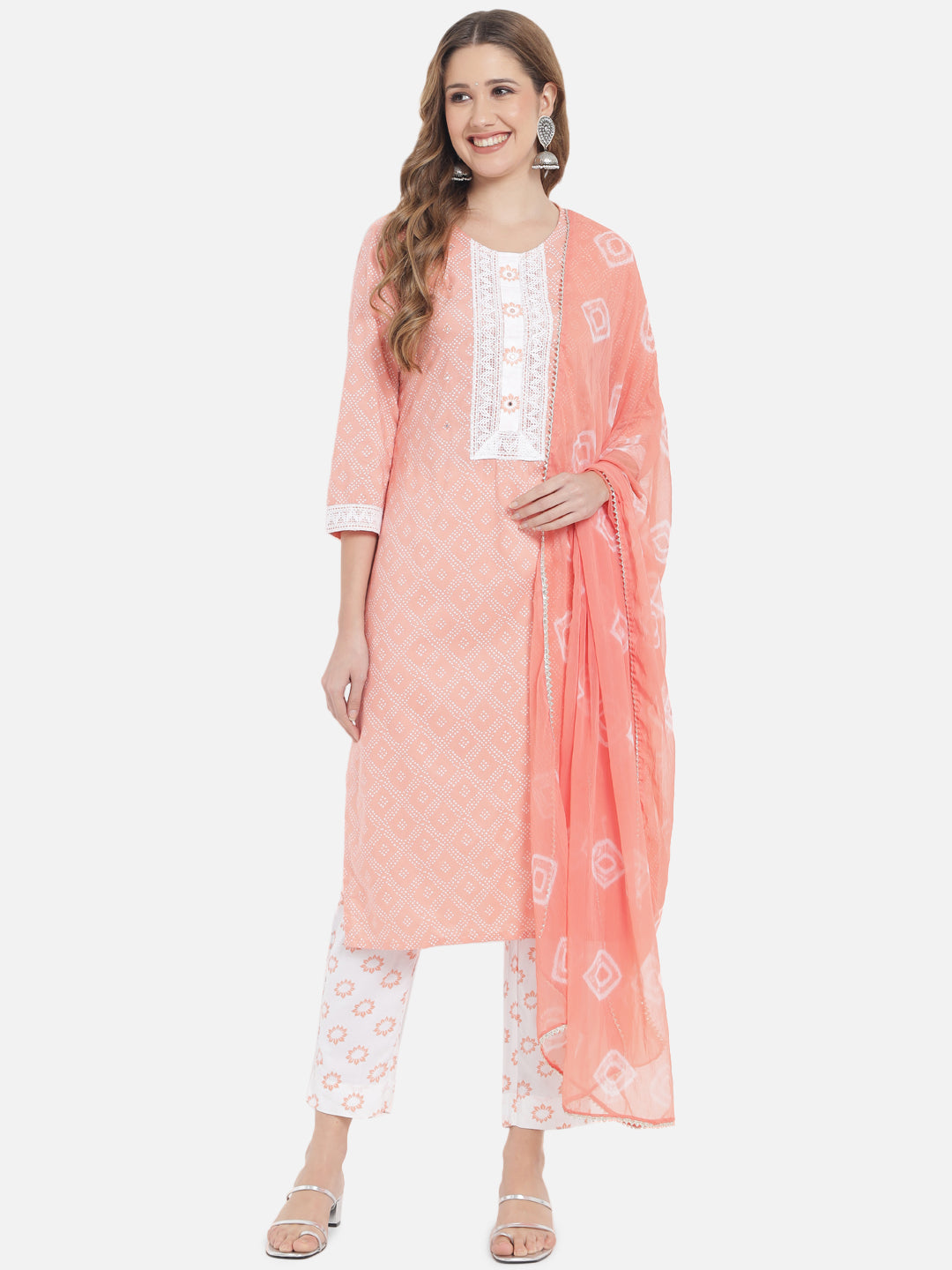 Women's Peach Printed Straight Cotton Kurta Set With Dupatta - Meeranshi