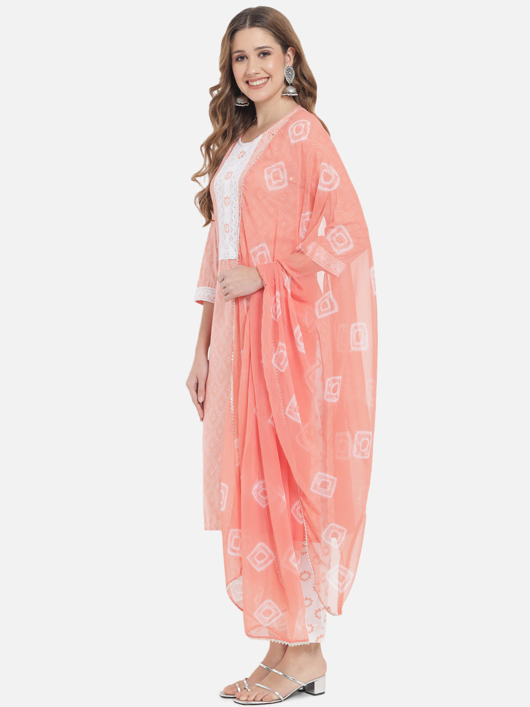 Women's Peach Printed Straight Cotton Kurta Set With Dupatta - Meeranshi