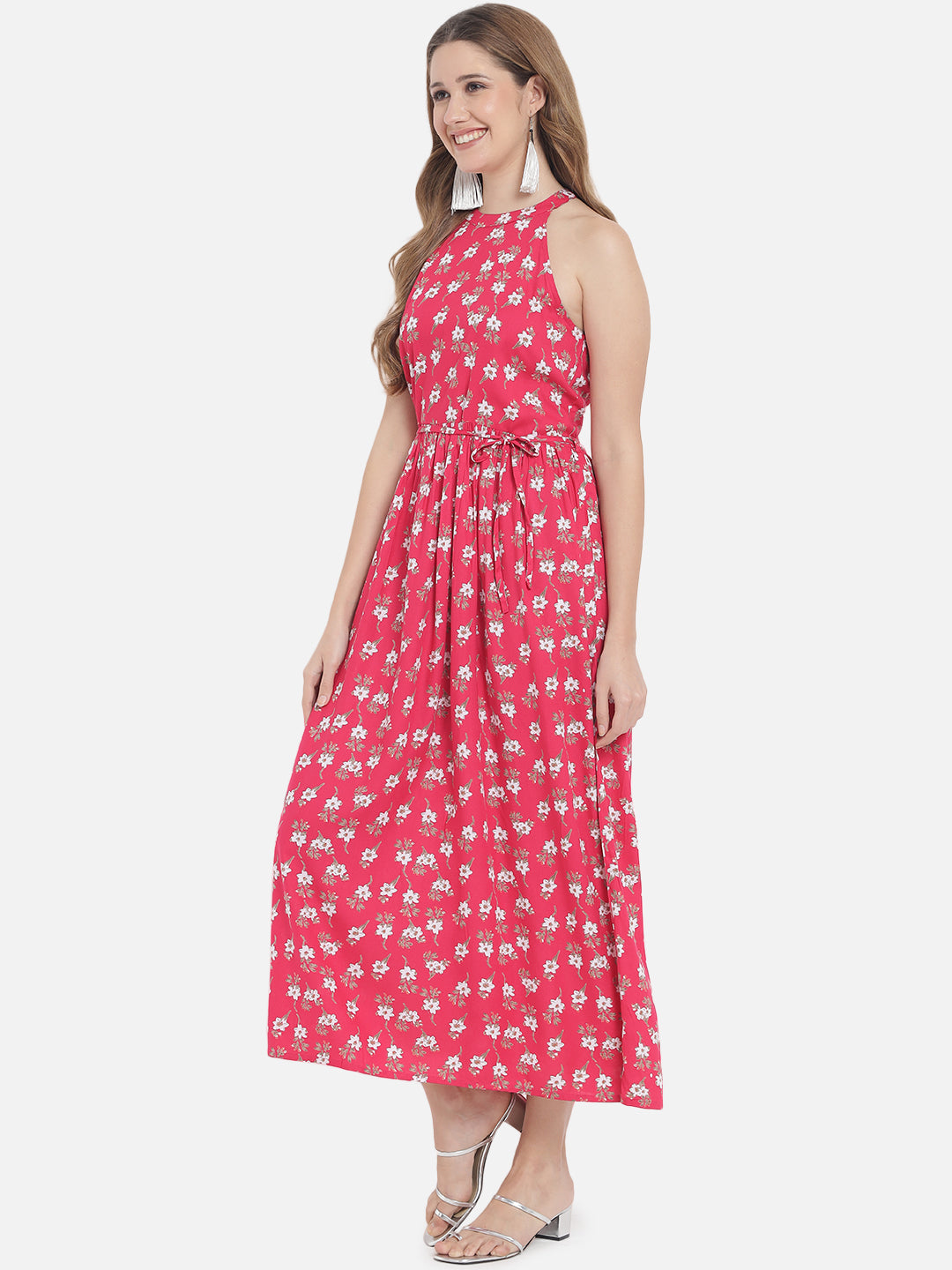 Women's Red Printed Sleevless Long Maxi Dress - Meeranshi