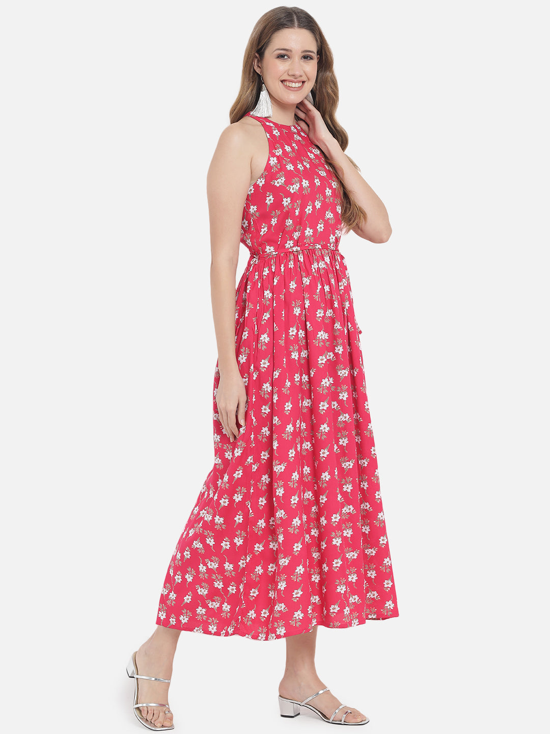 Women's Red Printed Sleevless Long Maxi Dress - Meeranshi