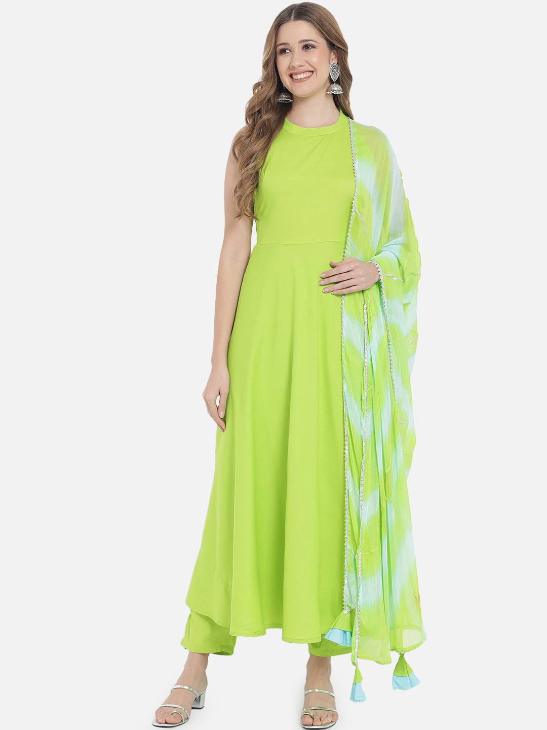 Women's Neon Green Solid Flared Kurta set with Dupatta - Meeranshi