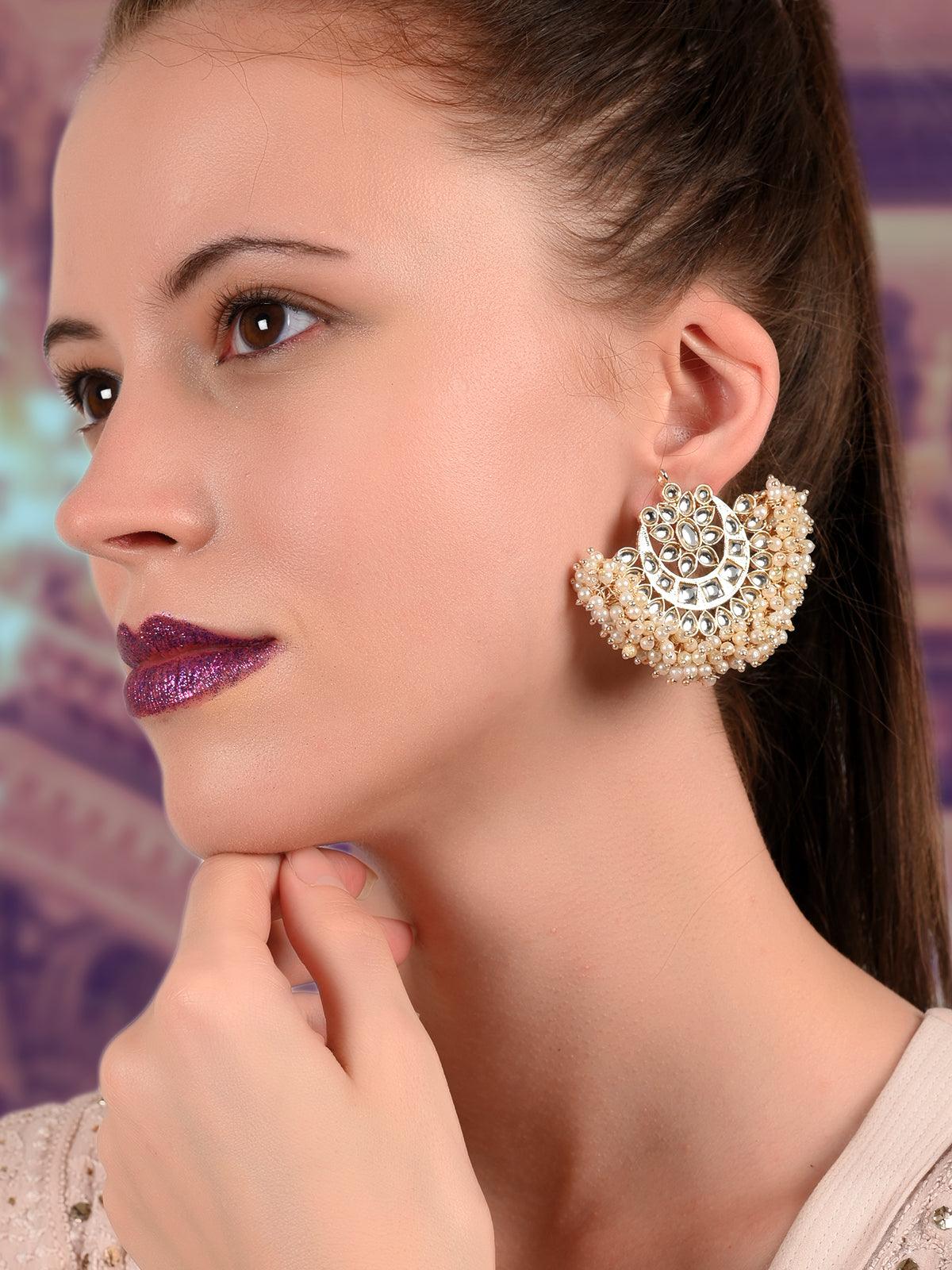 Women's Mesmerisng Half-Moon Pearl And Kundan Earrings! - Odette