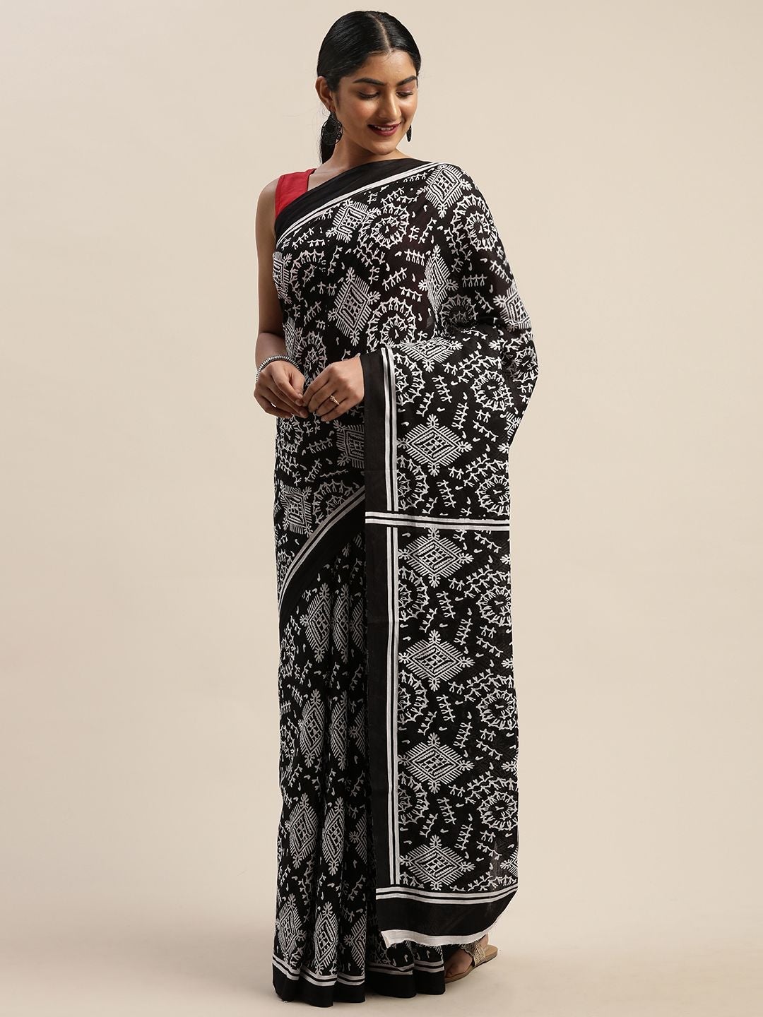 Women's Handloom Cotton Mulmul Saree With Screen Print - Olive Mist