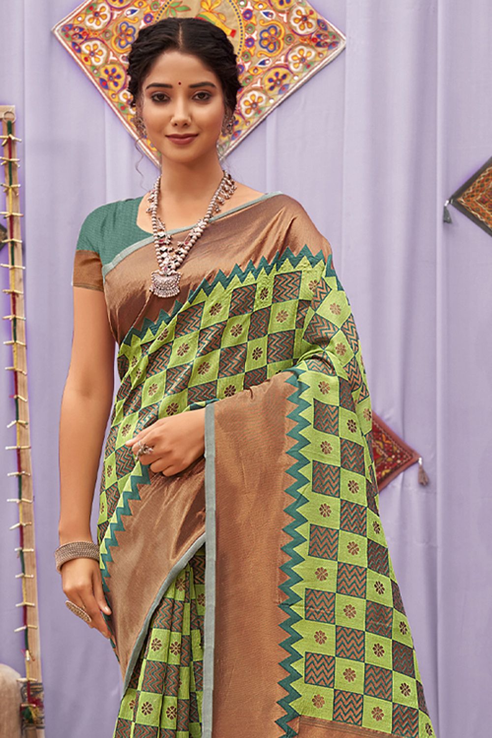 Women's Light Green Cotton Woven Zari Work Traditional Tassle Saree - Sangam Prints