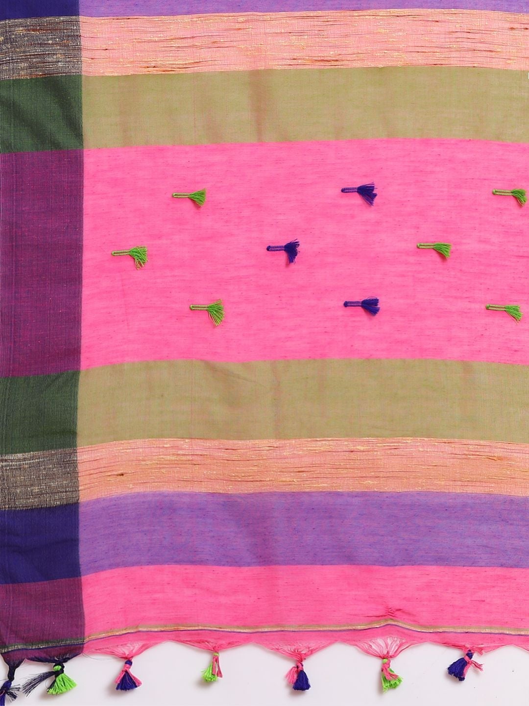 Women's Handloom Pure Khadi Cotton Saree With Body Pom Pom - Olive Mist