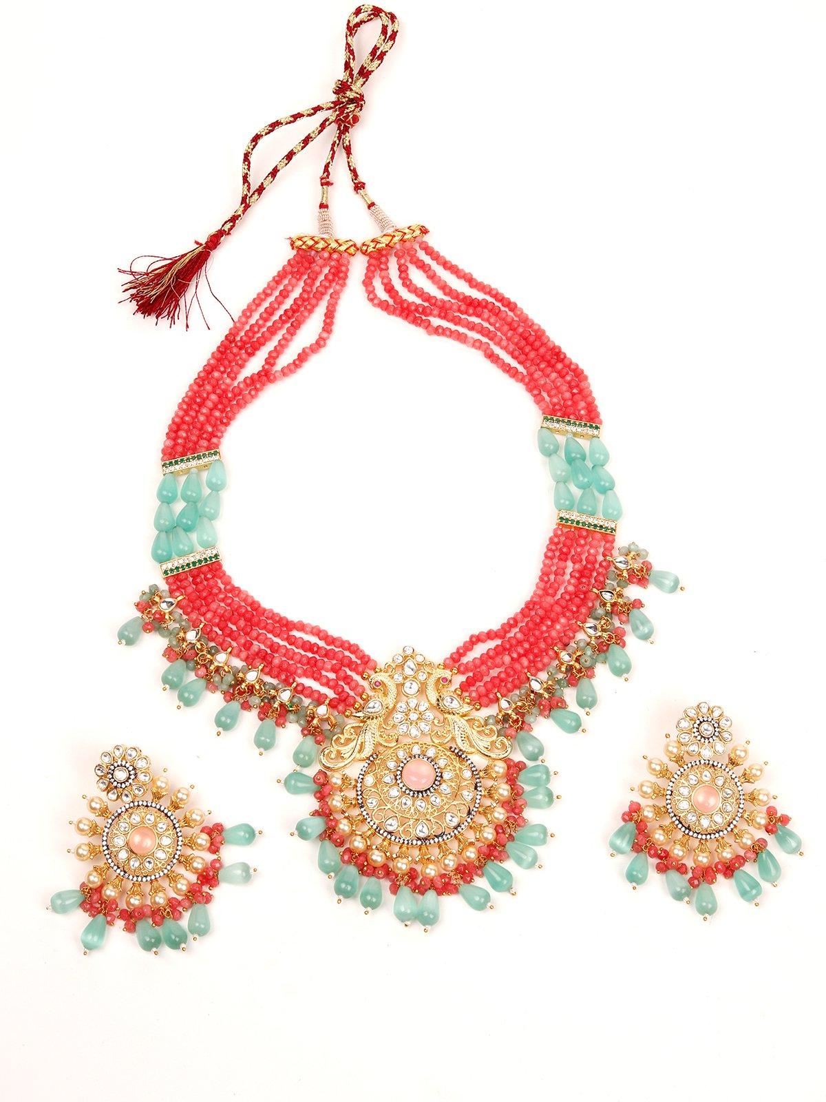 Women's Mint Green And Red Beaded Jewellery Set - Odette