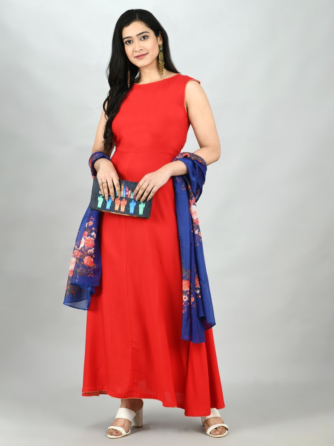 Women's Red Cotton Solid Sleeveless Round Neck Casual Kurta Dupatta Set - Myshka