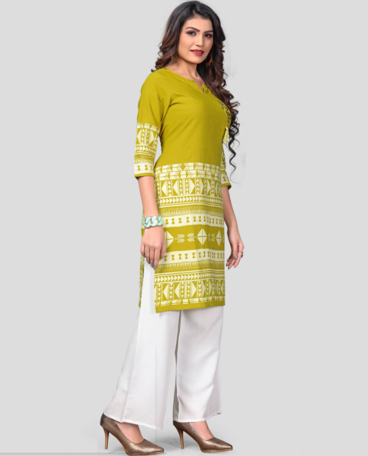 Women's Mehendi Green Color Cotton Straight Kurta  (1Pc) - Vbuyz