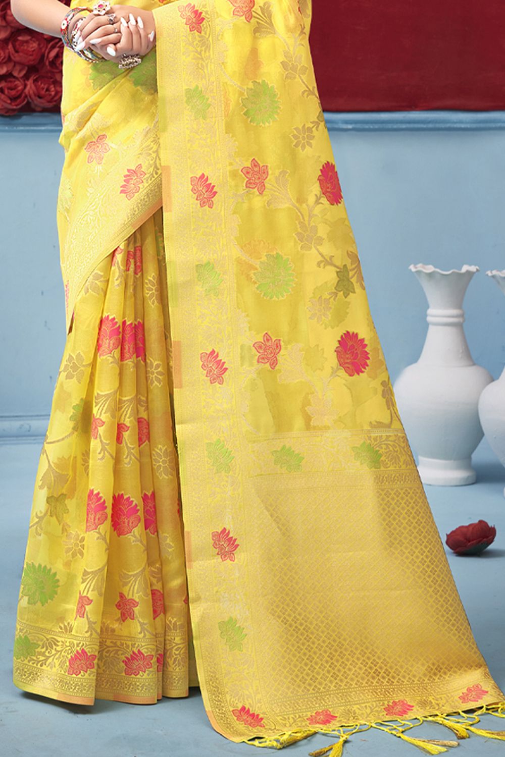 Women's Yellow Organza Woven Zari Work Traditional Tassle Saree - Sangam Prints