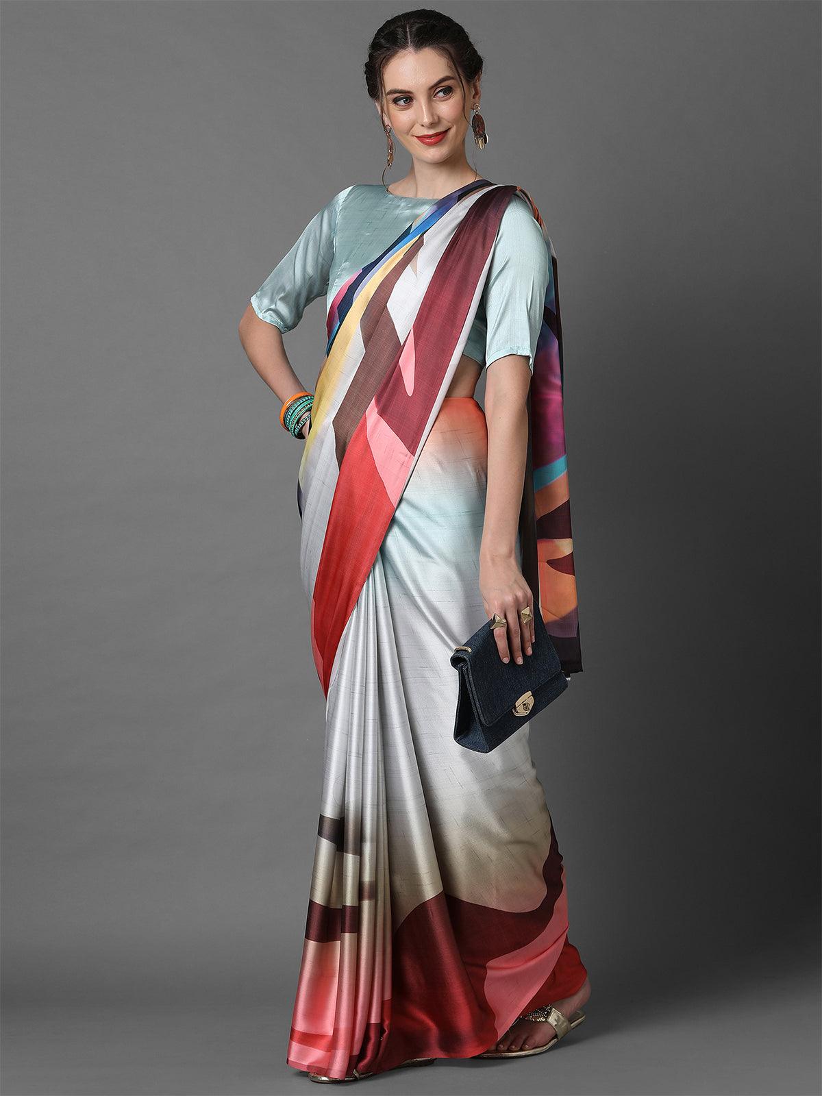 Women's Multi Casual Crepe Printed Saree With Unstitched Blouse - Odette