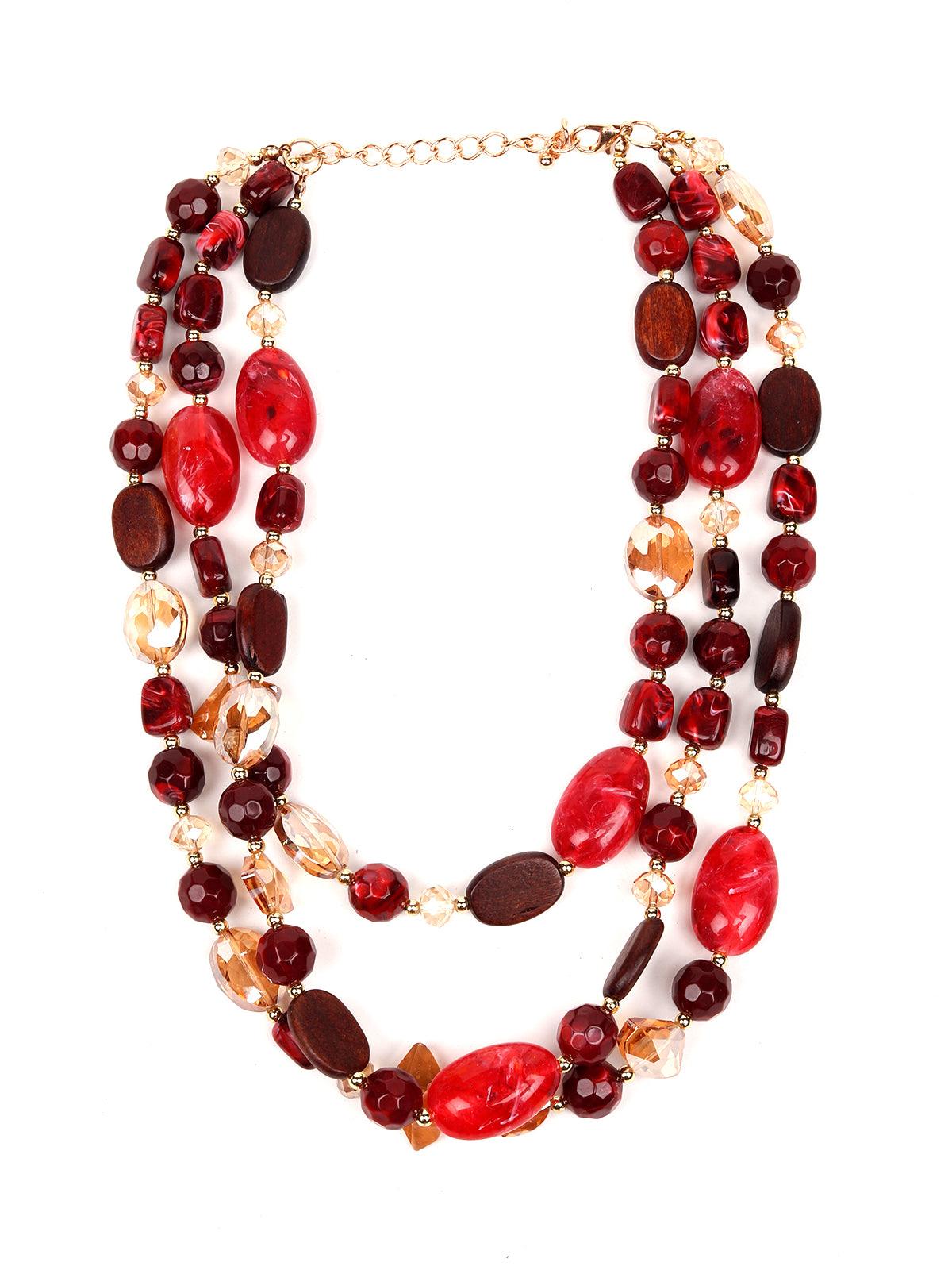 Women's Multi-Layered Red Stone Embellished Statement Necklace - Odette